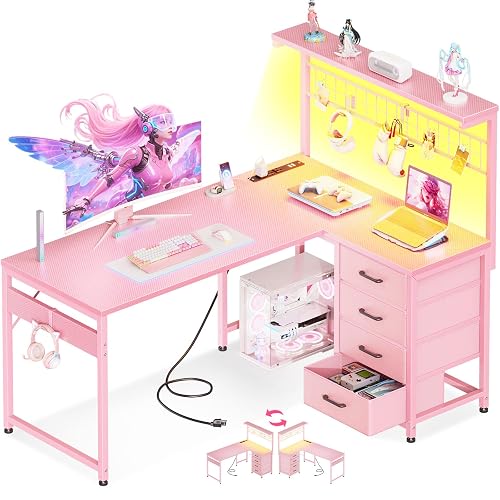 MOTPK 43" L Shaped Gaming Desk with Shelf & 4 Drawers, Carbon Fiber Pink | Compact corner computer table. Reversible study desk with LED light, power outlets & USB ports. Home office table.