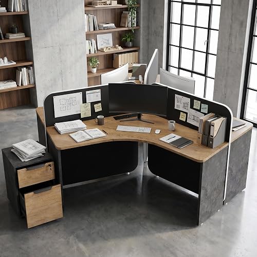 SAINTCY 3 Person Office Cubicle Desk Workstation with Drawers & Built-in Power Outlets, Adjustable Wall Partitions, Layouts for Startups and Modern Workspaces,Black Fabric Panels