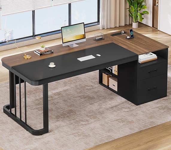70.9" Executive Desk with Power Outlet, Large Office Desk with Drawers & Lateral File Cabinet, Long Computer Desk with Adjustable Storage Shelves, Modern Workstation Business Furniture (Walnut)