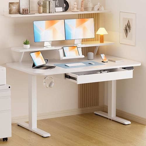GTPLAYER Electric Standing Desk with Drawers, 48 x 24 Inches Height Adjustable Computer Desk with Monitor Stand, Laptop Stand, Sit Stand up Desk with Memory Preset for Home, Office, Pure White