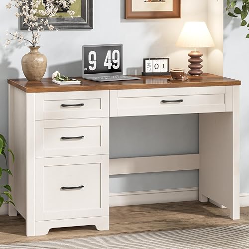 Vabches Home Office Desk with 3 Storage Drawers, Unique White | Farmhouse 47" Wood Computer Desk with File Drawer, Workstation for Home Office, Writing, Study