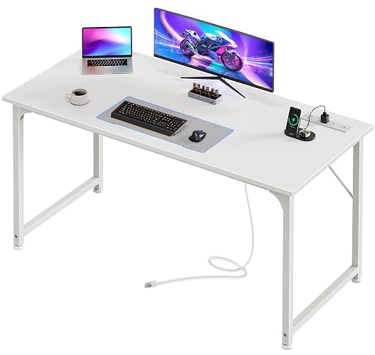 PRAISUN 47 X 20 Inch Computer Desk, Power Outlets, USB-C, White | Office Desk with 4 AC Outlets, USB & USB-C, Sturdy Metal Frame, Spacious Desktop for Work, Writing, Study & Gaming