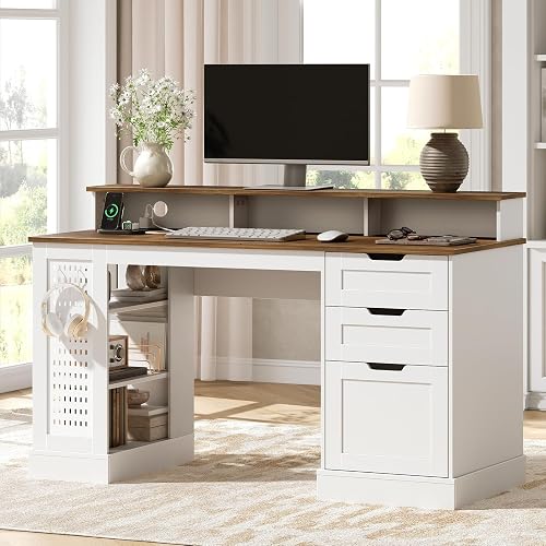 STHYTON 55-inch Farmhouse Executive Desk with 2 Drawers and File Cabinet, Computer Desk with 3-Tier Storage Shelves, Home Office Desk with Charging Station, Pegboard & Monitor Shelf, White and Walnut