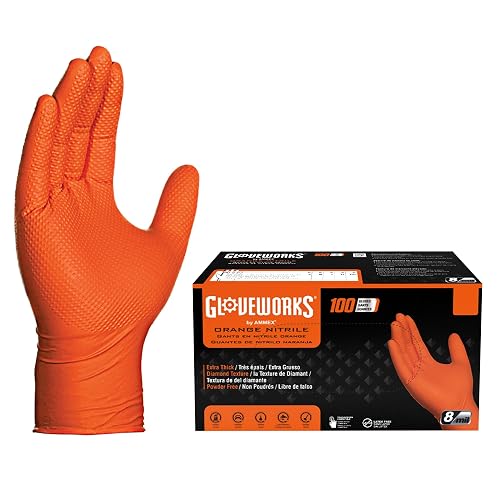 GLOVEWORKS Nitrile Gloves Disposable Orange 8 mil, X-Large Box of 100 | Heavy Duty Gloves for Mechanics Shops, Industrial, Business & Home Use, Bulk Purchasing Options, Rubber Alternative