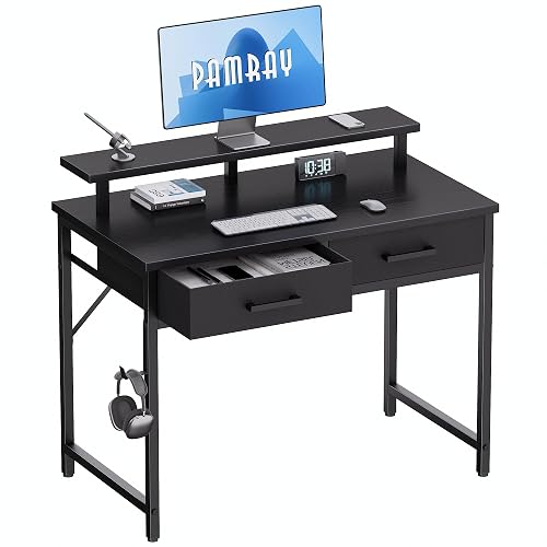 Pamray 32 Inch Small Computer Desk with Monitor Stand and 2 Drawers | Small Gaming Desk, for Bedroom Apartment and Dorm, for Study Work and Writing, Small Spaces, Sturdy, Easy Assembly