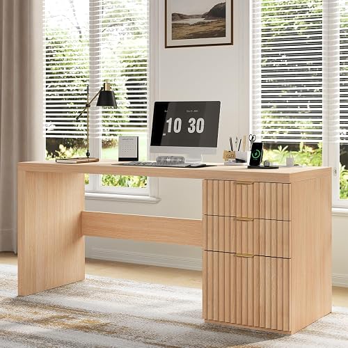 60" Fluted Executive Desk with Ample File Drawer & Large Charging Station, Wood Modern Home Office Desk with Storage, Computer Writing Desk for Work, Living Room, Bedroom, Durable & Sturdy, Natural