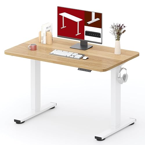 SANODESK 40''x24'' Height Adjustable Electric Standing Desk for Home Office | Sit Stand Desk with Splice Board for Home Office, Ergonomic Computer Workstation, Study & Gaming, White Frame/Maple Top