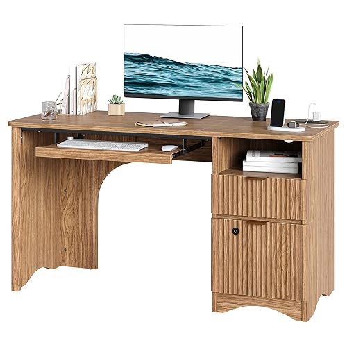Bestier 55" Office Desk with Locking File Drawer & Charging, Brown | Partitioned Storage & Cable Management,Oak,Easy Assembly,Smart Fingerprint Drawer Lock,Wear-Resistant Easy-Clean Desktop