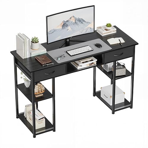 OLIXIS 48 Inch Desk with Storage, Computer Desk, Fabric Drawers | Home Office, Gaming Writing, Study Work, PC Table, Small Space Bedroom, Black