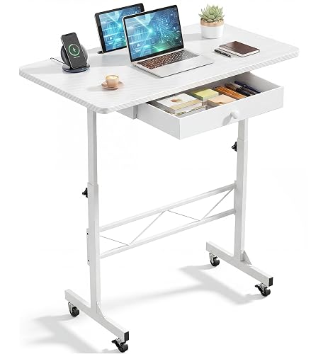 COMHOMA Small Standing Desk with Storage Drawer, Mobile Height Adjustable Rolling Sit Stand Desk with Lockable Wheels 4‑Level Portable Laptop Desk for Small Space Home Office Treadmill Workstation