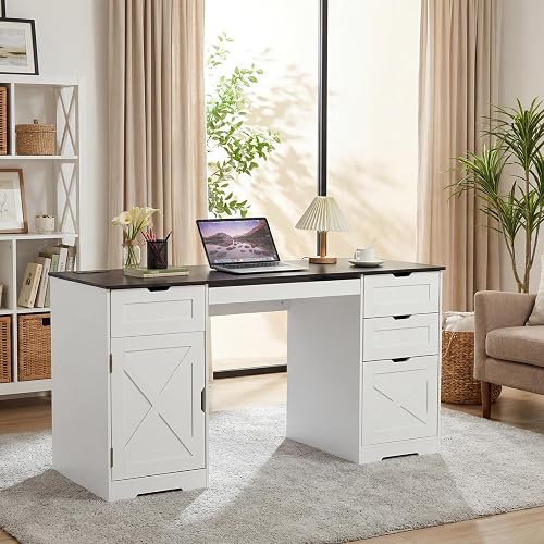59 Inch Office Desk with 4 Drawers, Farmhouse Home Office Desk with Charging Station & Keyboard Tray, Wooden Computer Desk with Adjustable Shelves for Home Office & Studio, White + Black Tabletop | Keyboard Tray, Adjustable Shelves, 400 Lb Load Capacity, 2 AC Outlets & 2 USB Ports, Overload Protection