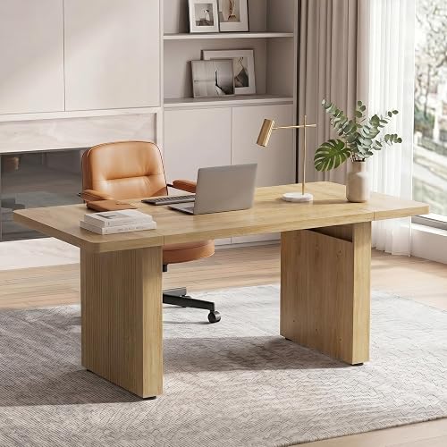 Bestier 63 Inch Wood Executive Desk, Fluted Office Desk Natural Oak | Large Tabletop, Fluted Design Stable Base Structure, 1.46" Thickened Tabletop, Farmhouse Wood Writing Conference Table