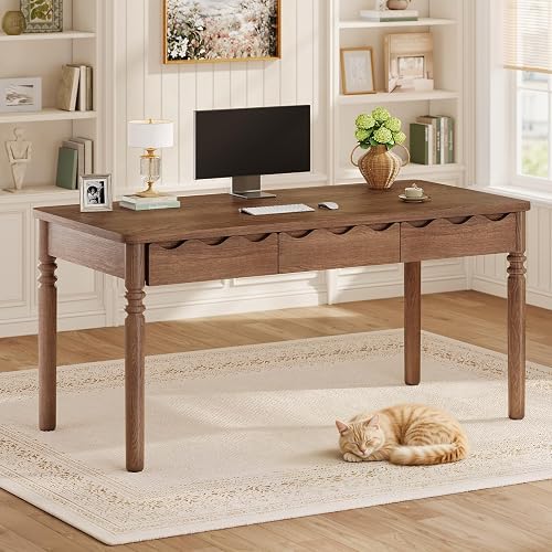 SEDETA Solid Pine Wood Computer Desk, 47'' Executive Home Office Desk with 3 Wood Drawers for Work Study Writing Bedroom, Makeup Vanity Desk, Brown