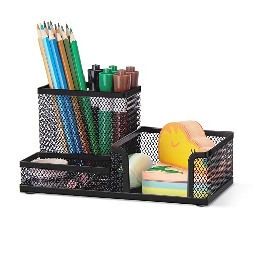 Comix Mesh Pen Holder, Desk Organizer for Home Office, Black | 3 Compartment Pencil Holder, Sticky Notes Holder, Pen Organizer Office Supplies