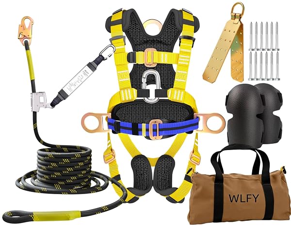 WLFY 50FT Roofer's Safety Bucket Kit – Upgrade Safety Harness, Roof Anchor, Reusable Roofing Knee Pads，and 50ft Vertical Lifeline Assembly, ANSI Compliant