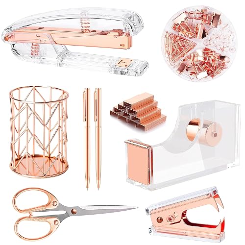 Famassi Rose Gold Desk Accessories，Office Supplies Set Acrylic Stapler Set Staple Remover, Tape Holder, 2 Ballpoint Pen, Scissor, Binder/Paper Clips and 1000pcs Staples.