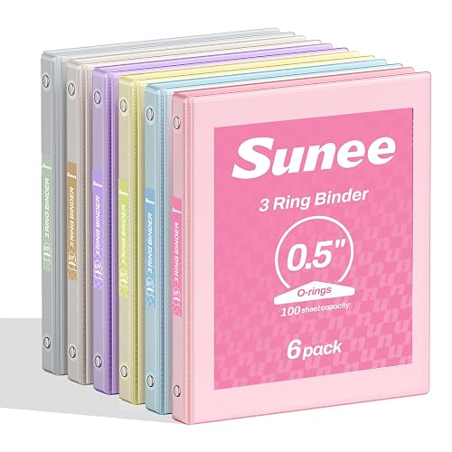 SUNEE 1/2 Inch Binders 3 Ring 6 Pack, 3 Ring Binders Clear View PVC-Free Bulk (Fit 8.5x11 Inches) for School or Office Supplies, Pastel Binder