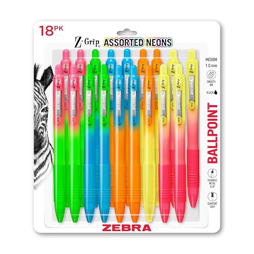 Zebra Pen Z-Grip Ombre Neon Retractable Ballpoint Pen, Black, 1.0mm, 18-Pk | Smooth Writing, Medium Point Tip, Ideal for Planners, Note-Taking, School and Office Supplies, and Everyday Writing (23018)