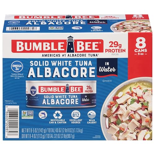 Bumble Bee Solid White Albacore Tuna in Water, 5 oz (Pack of 8) | Wild Caught Tuna, 29g Protein per Can, High in Omega-3s, Non-GMO, Gluten Free, Kosher