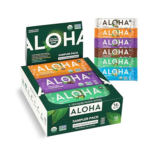 ALOHA Organic Plant Based Protein Bars - 6 Flavor Variety Pack - 12 Count, 1.9oz Bars - Vegan Snacks, Low Sugar, Gluten-Free, Low Carb, Paleo, Non-GMO, Stevia-Free, No Sugar Alcohol Sweeteners | On The Go Snack | 10g Fiber, 14g Protein | Vegan Snacks | Non-GMO, Kosher, No Sugar Alcohols, Gluten & Dairy Free