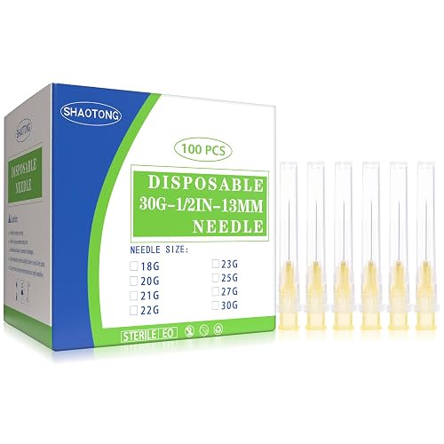 30 Gauge 1/2 Inch Needles Luer Lock Disposable Lab Supplies, Pack of 100 | SHAOTONG 30G 1/2” 13mm Needle with Cap for Liquids Measuring or Refilling, Sterile, Individually Wrapped