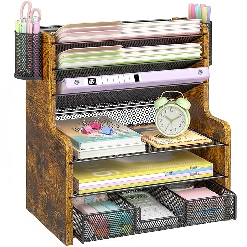 DAOUTIME 6-Tier Mesh Desk Organizer with Drawer, Wooden Office Organizer for Papers, Folders & Office Supplies - Sturdy Desktop File Holder with 2 Pen Holders - Space Saving Home Office Accessories