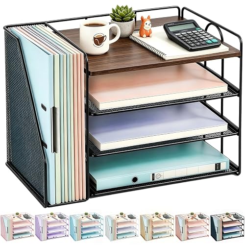 gianotter 4-Tier Wood Paper Organizer With Magazine Holder | Desk Organizers and Accessories, File Organizer for Office Supplies Storag (Wood, 4-Tier)