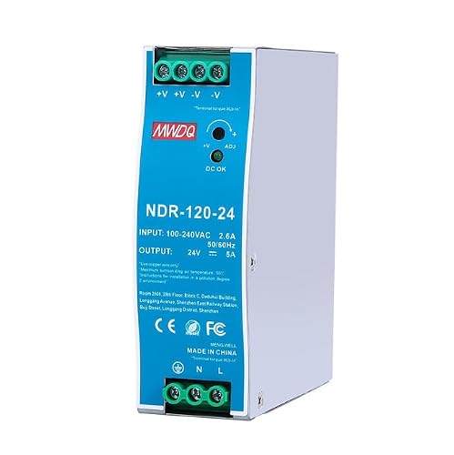 24VDC Power Supply Din Rail 120W NDR-120-24, 24V AC to DC 5A SMPS for Industrial Equipment CNC Lighting Telecom, PLC, 3D Printer & Security