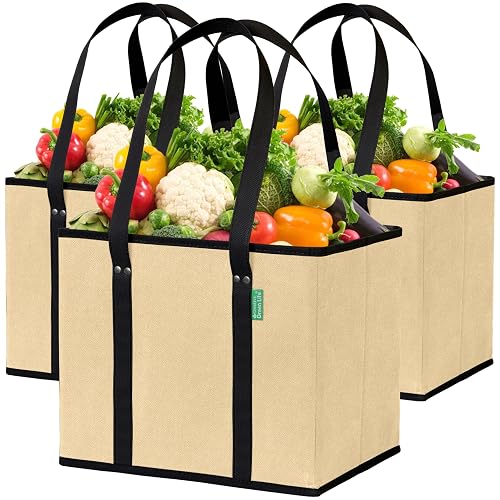 Reusable Grocery Bags (3 Pack) – Heavy Duty Reusable Shopping Bags for Groceries with Box Shape to Stand Up, Stay Open, Fold Flat – Large Tote-Bag is Foldable with Long Handles & Hard Bottom (Beige)