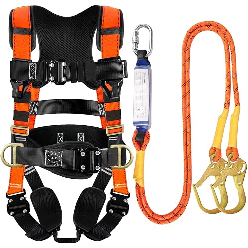 TRSMIMA Safety Harness Fall Protection - Harness Kit for Men Construction | Fall Arrest Roofing Harness Kit Men Full Body Harness with Lanyard for Work Upgrade 4 Quick Buckles Orange
