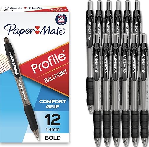 Paper Mate Profile Retractable Ballpoint Pens, Bold Point (1.4mm), Black Ink, 12 Count - Writing, Journaling, Office Supplies