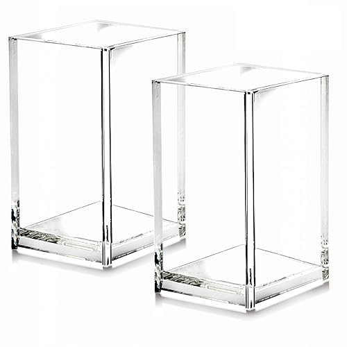 2 Pack Clear Acrylic Pencil Pen Holder Cup,Desk Accessories Holder,Makeup Brush Storage Organizer,Modern Design Desktop Stationery Organizer for Office School Home Supplies,2.6x 2.6x 4 inches