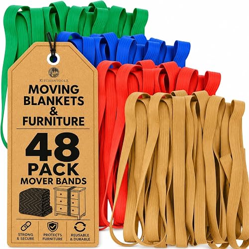 kitchentoolz 48 Pack Mover Bands – Extra Large Rubber Bands for Furniture & Moving Blankets – Heavy-Duty Stretch Bands in 4 Sizes (25", 30", 36", 42")