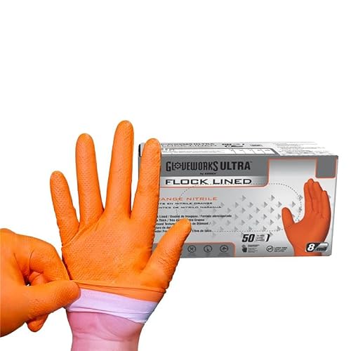 GLOVEWORKS Industrial Orange Disposable Gloves, Flock-Lined Nitrile Gloves, Raised Diamond Textured Grip, 8 mil