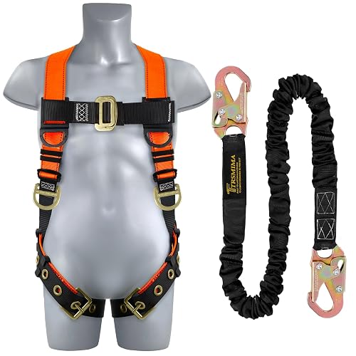 TRSMIMA Safety Harness Fall Protection - Safety Harnesses Construction Kit | Fall Arrest Full Body Safety Harness with Shock Absorbing Lanyard Tongue Buckle Orange