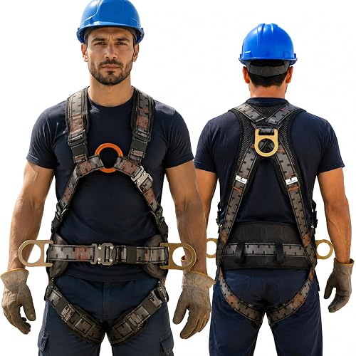 Safety Harness Fall Protection Padded on the shoulders, waist, and legs, featuring front O-rings, with upgraded quick-release buckles, meets ANSI standards, suitable for roofing work, construction