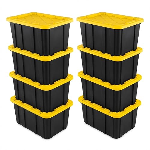 Sterilite Industrial Storage Tote with Lids for Garage, 27 Gallon, 8-Pack | Heavy-Duty and Stackable Utility Box Containers for Home, Office, and Basement Organization, Black/Yellow