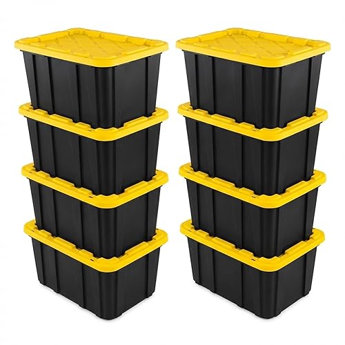 Sterilite Industrial Storage Tote with Lids for Garage, 27 Gallon, 8-Pack | Heavy-Duty and Stackable Utility Box Containers for Home, Office, and Basement Organization, Black/Yellow