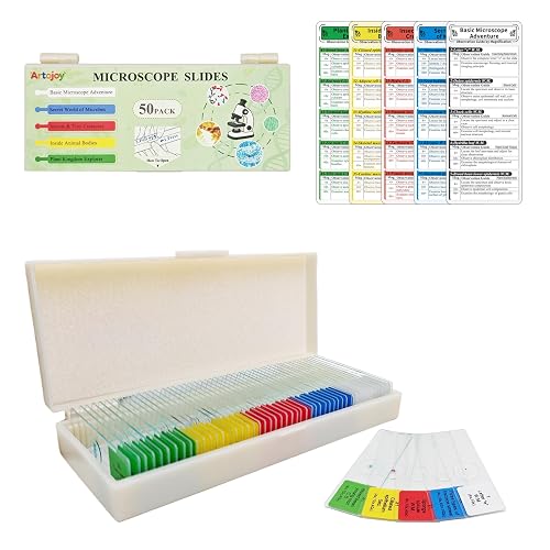 Artojoy 50 PCS Prepared Microscope Slides with Specimens Biology STEM Kit | 5 Themed Lab-Grade Biology Sets, Plant Insect Animal Cell Tissue Specimens, Science Gift Students Homeschool Classroom Lab