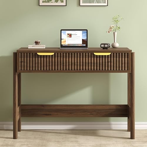34 Inch Small Fluted Computer Desk with Drawer for Bedroom, Home Office | Small Desk with Storage for Bedroom, Wooden Desks Compact Writing Study Table for Vanity Desk Small Spaces, Walnut