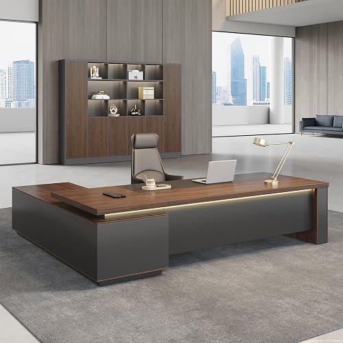 ZIMASYA Compact Reversible L Shaped Executive Desk for Manager, Home Office Desk with Power Outlet & USB Ports, LED Ambient Lighting, Storage Cabinet (Red Walnut/Graphite Gray, 71" L*63" W*30" H)