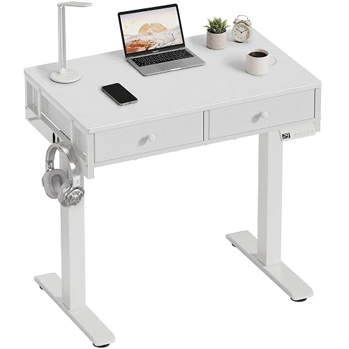 White Electric Standing Desk with Drawers, 32 Inch Small Adjustable Desk with Storage, Stand Up Computer Study Writing Desks for Small Space Home Office Bedroom, Sit Stand Work Desks for Walking Pad
