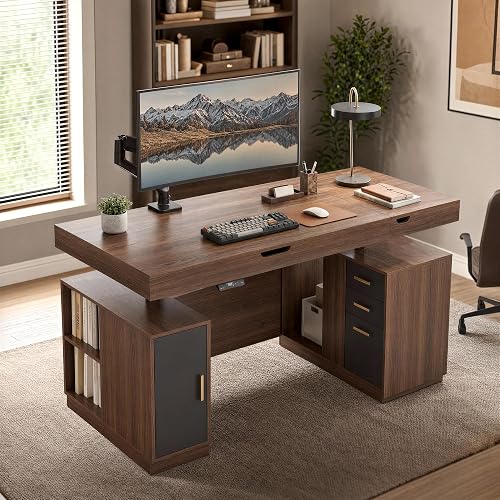 63" Executive Standing Hidden Desk, Lift Top Storage Desk with 3 Drawers | Hideaway Desk with Monitor Storage, Adjustable Height Table to Desk w/ Power Outlets & Privacy Panel, Home Office Desk