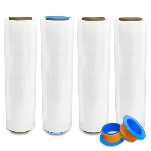4 Rolls x 18" x 1500 Feet x 80 Gauge Clear Commercial Grade Heavy Duty Plastic Stretch Film Shrink Wrap | Industrial Strength Durable | Shipping Moving Packing Logistics | Holder Included