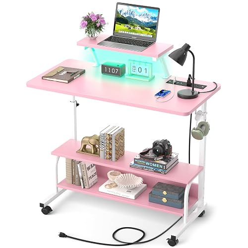 Height Adjustable Standing Desk with Power Outlets and LED Lights - 32" Manual Stand Up Desk with Monitor Stand and Storage Shelves Small Mobile Rolling Computer Desk Portable Laptop Table, Pink