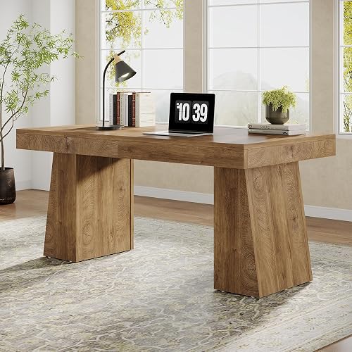 Tribesigns 55" Executive Desk, Modern Office Desk with Double Pedestal, Light Brown