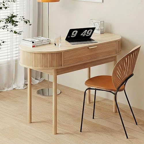 SoarTalent Writing Desk with Drawer, 39" Small Computer Desk with Fluted Design, Oval Wood Study Table for Small Space, Modern Home Office Desk Makeup Vanity Table for Bedroom, Oak