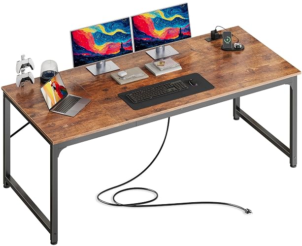 PRAISUN 63 X 30 Inch Extra Deep Desk with Power Outlets | Long Computer Desk for Bedroom, Office Desk for Work from Home, Writing Study Gaming Table, Stable Metal Frame, Rustic Brown