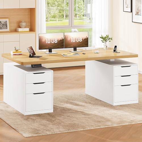 SEDETA 55" Electric Standing Desk with 6 Drawers, Adjustable Stand up Desk with Storage, Computer Desks with Power Outlets for Home Office, White + Oak