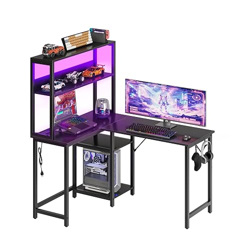 HAPPYMONT 43" L Shaped Gaming Desk Reversible Corner Desk for Home Office | Computer Desk with Power Outlet, Writing Table with LED Lights, Adjustable Shelves & Headphone Rack, Black
